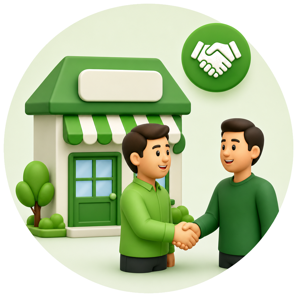A MerchRep shaking hands with a local shop owner outside their storefront
